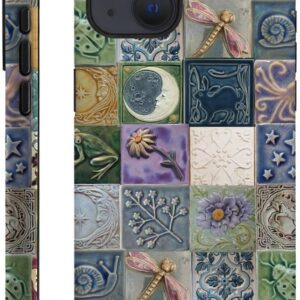 Durable shockproof phone case - tile pattern moon dragonfly flower