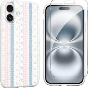 Cute blue and pink striped floral pattern phone case, suitable for women and girls, beautiful design, soft and slim, drop-proof and shockproof TPU frame protective case, with screen protector.