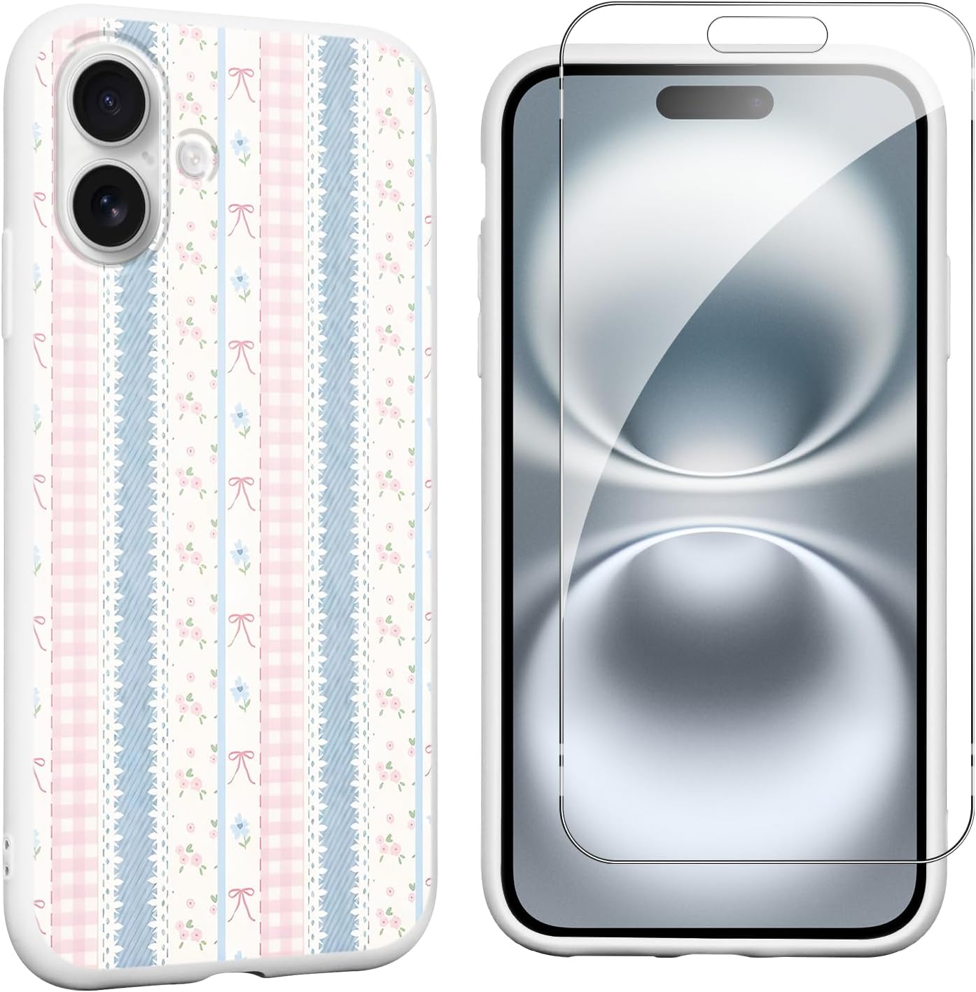 Cute blue and pink striped floral pattern phone case, suitable for women and girls, beautiful design, soft and slim, drop-proof and shockproof TPU frame protective case, with screen protector.