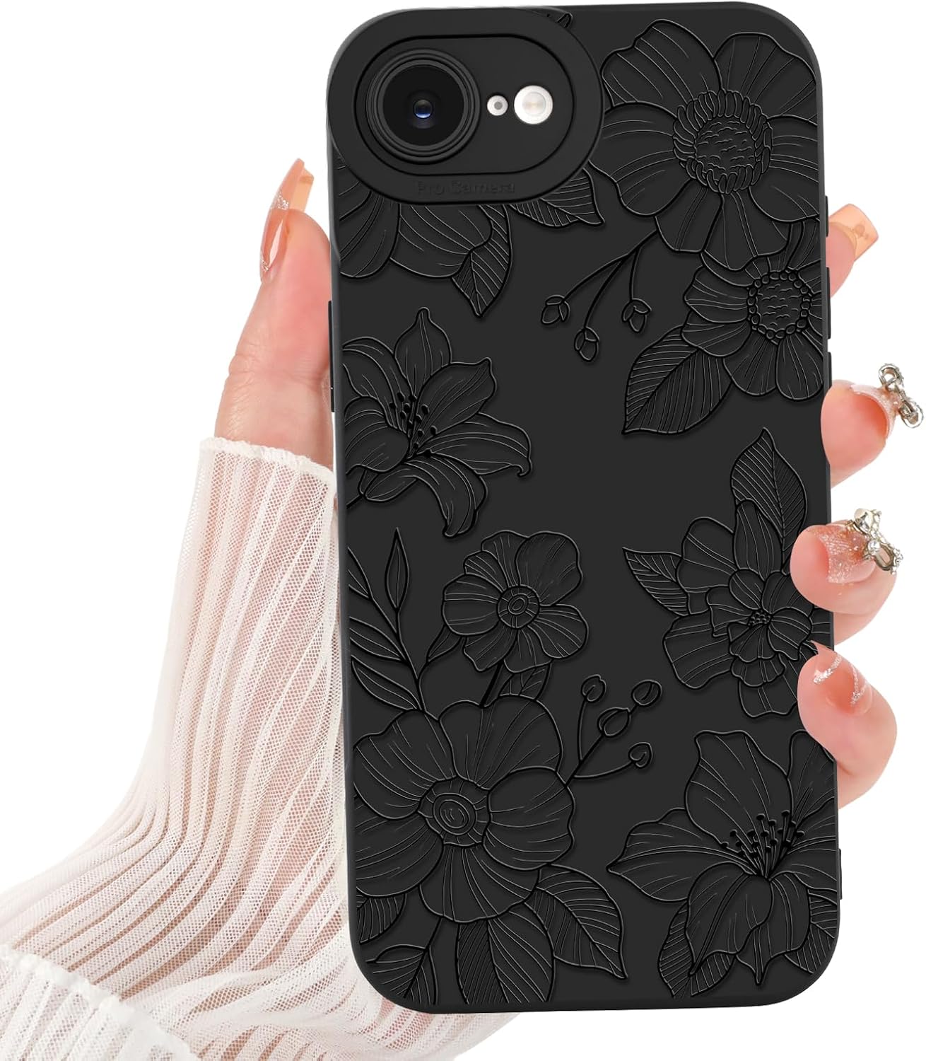 Cute Floral Pattern Phone Case, Soft Ultra-Thin Shockproof TPU Protective Case, Scratch-Resistant, Lightweight and Durable, Black