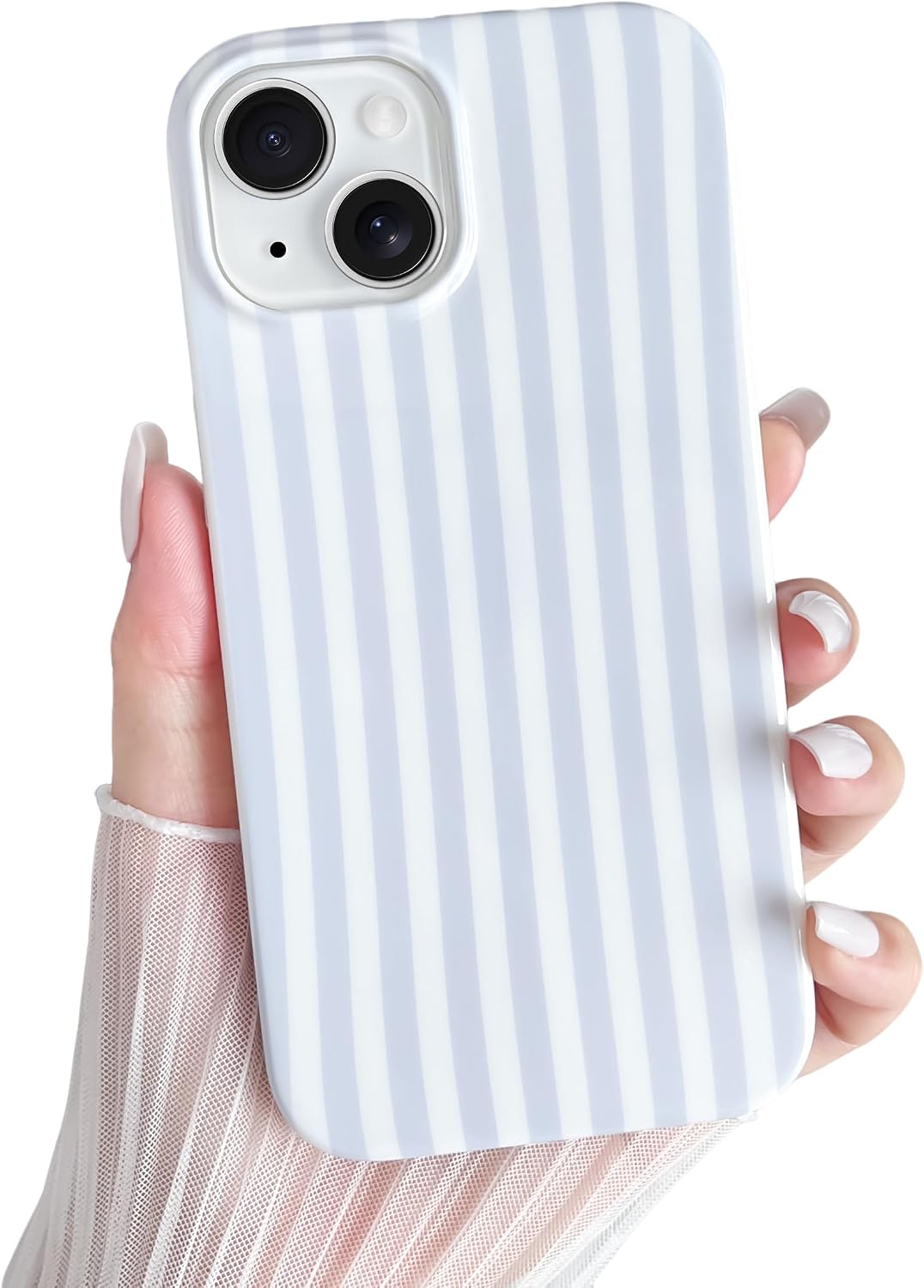 Cute striped phone case, soft TPU material, ultra-thin shockproof, suitable for women/girls, blue and white color scheme