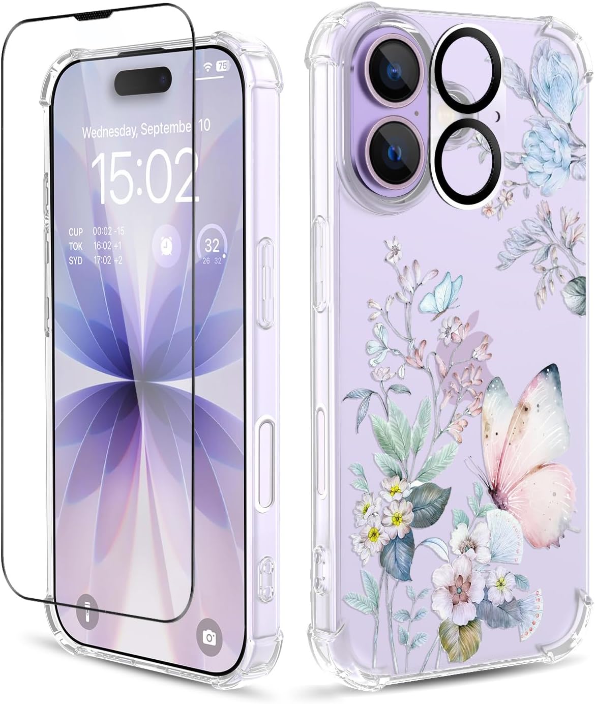 Includes screen protector and camera lens protector, floral pattern design, transparent, soft, shockproof, ultra-thin floral phone case