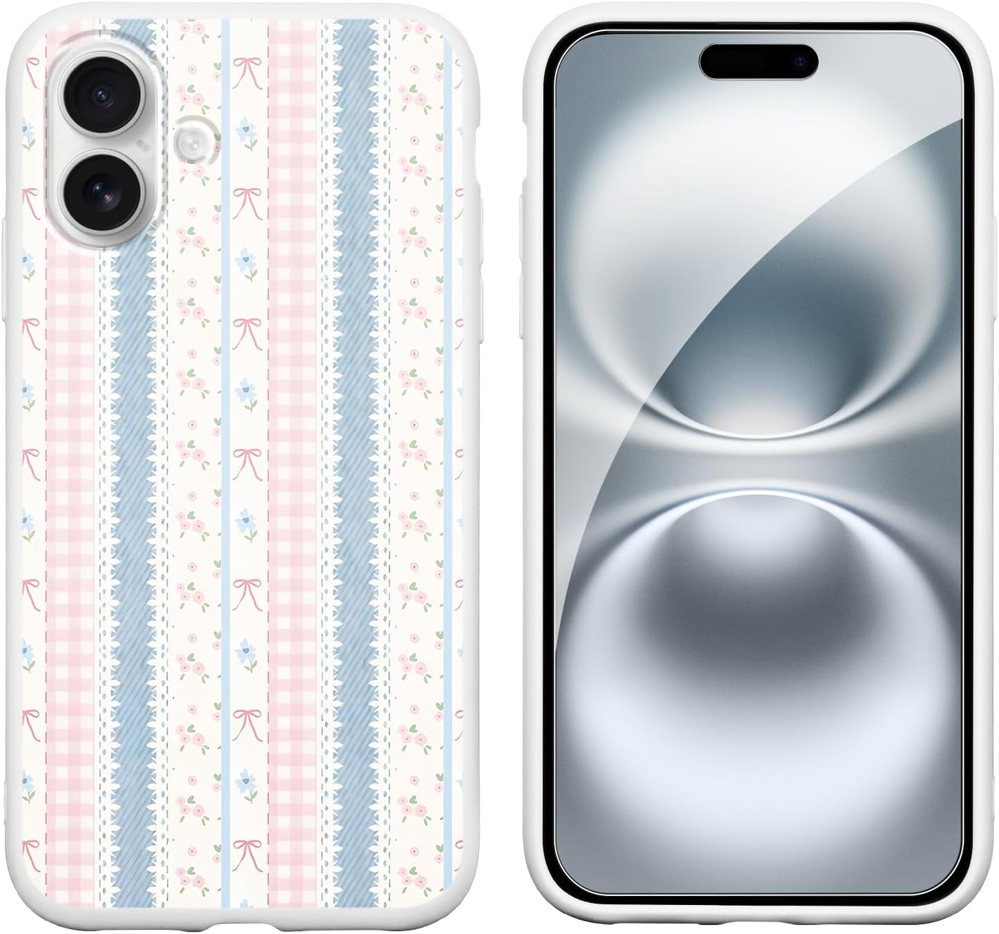 Cute blue and pink striped floral pattern phone case, suitable for women and girls, beautiful design, soft and slim, drop-proof and shockproof TPU frame protective case, with screen protector. - Image 2