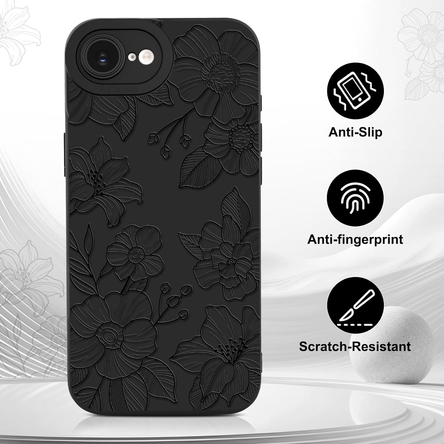 Cute Floral Pattern Phone Case, Soft Ultra-Thin Shockproof TPU Protective Case, Scratch-Resistant, Lightweight and Durable, Black - Image 2