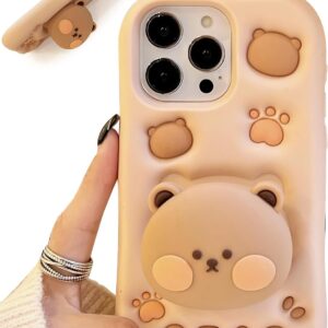 Kawaii 3D teddy bear phone case (with stand and grip), cute girl cartoon animal phone case, suitable for girls, boys, children, teens and women, tan