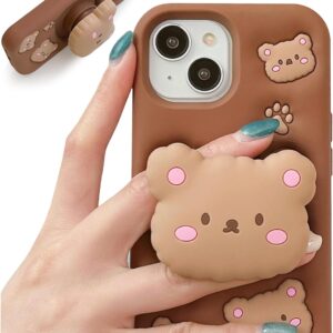 Cute 3D Teddy Bear Phone Case (with Retractable Phone Stand and Grip), Cute Cartoon Soft Silicone Phone Case Suitable for Girls, Children, Teenagers and Women, Brown