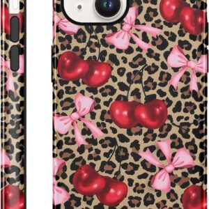 Cute cherry pink bow retro leopard print phone case, beautiful, durable, shockproof 2-in-1 silicone + hard PC design, suitable for girls, women, and men.