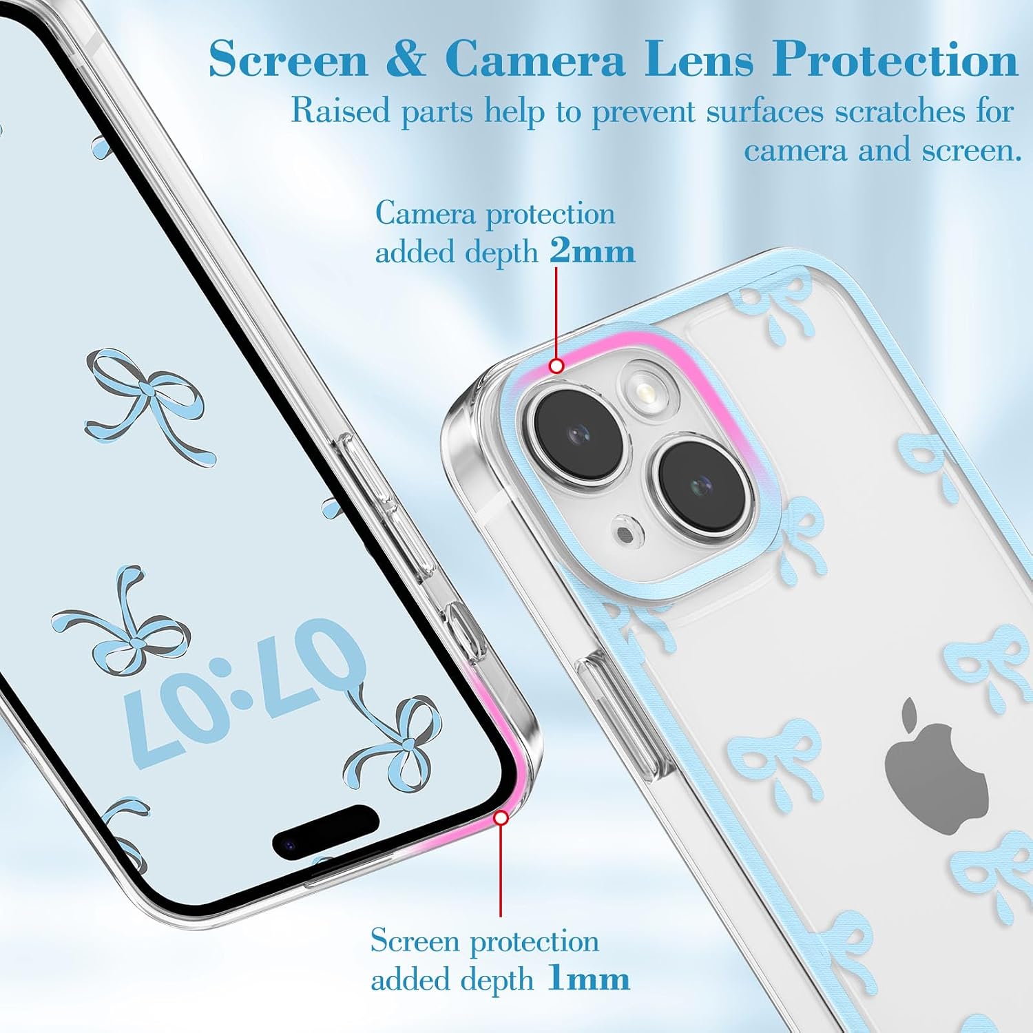 Transparent cute bow pattern, beautiful and elegant, camera bump protection, stylish, slim, soft and durable TPU case, suitable for women and girls - Blue - Image 2