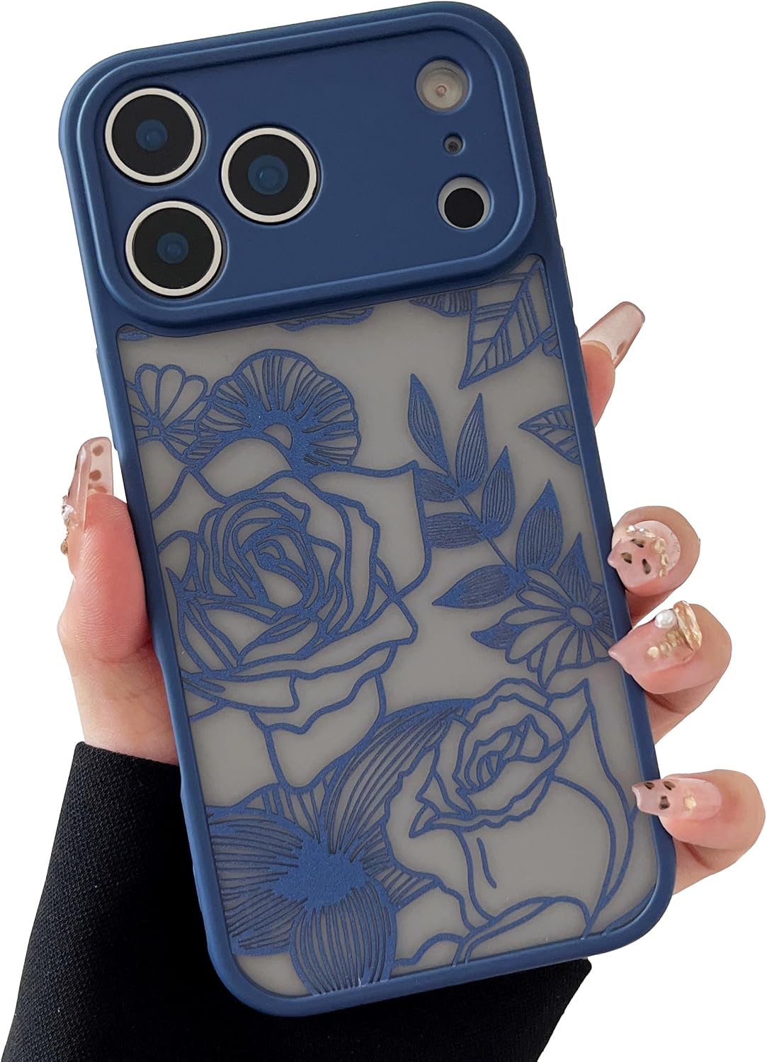 Floral rose cute phone case, suitable for 6.9-inch phones, beautiful pattern print for women and girls ultra-thin TPU frame shockproof protective case, dark brown and blue